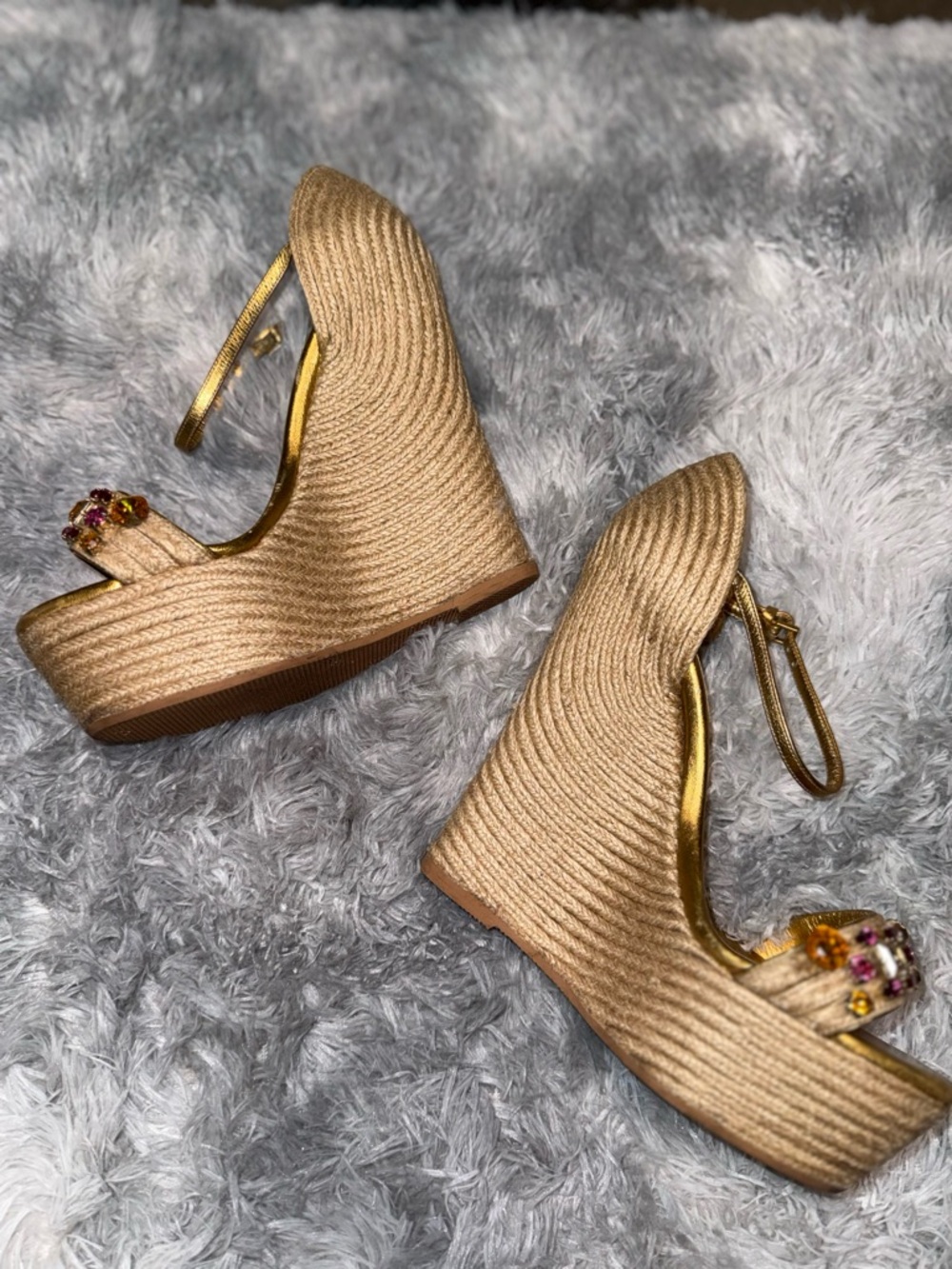 Gucci Gold Espadrille Wedge Sandals with Pink Crystal Detail